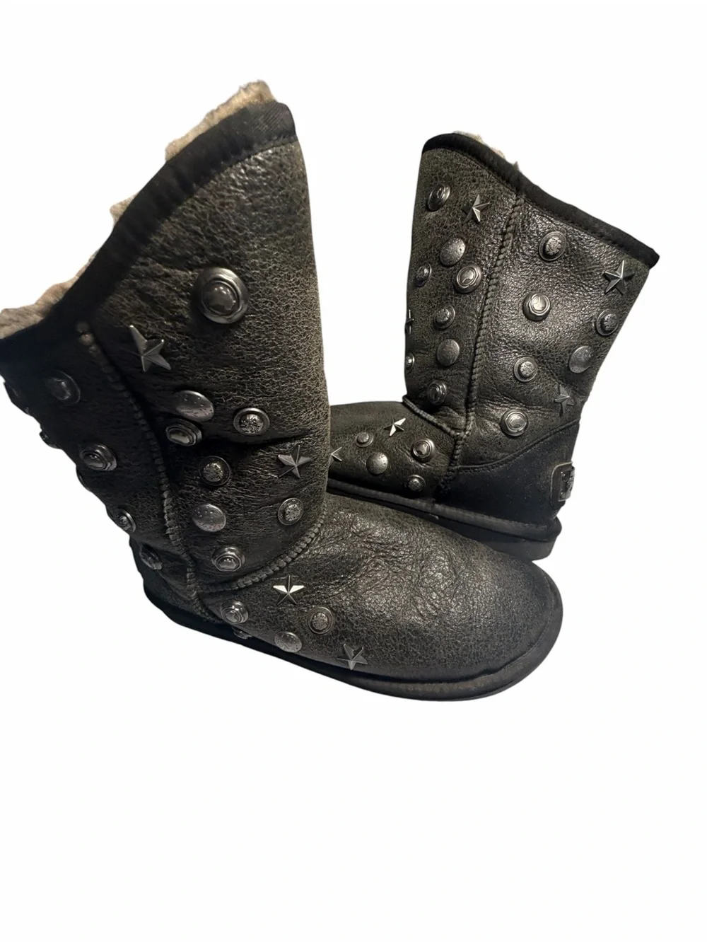 Australia Luxe Angel Studded Metallic Grey Sheepskin Fur Boots Womens 11